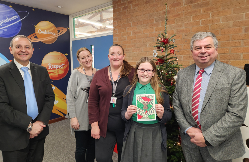 Alberto and Cllr Neil Bannister presenting winners certificate to Isabel, joined by Isabel’s mother and Hallbrook Primary Deputy Head Mrs O’Boyle
