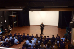 Mr Costa is pictured here speaking to the year 9 pupils. 